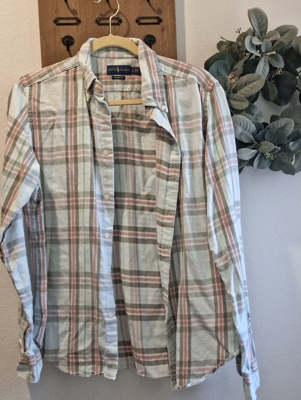 Ralph Lauren Light Blue Plaid Button-Down Shirt with Tan & Pink Stripes